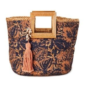 Time and Tru Wood Handle Jute Tote Coral Tassels Wooden Handle